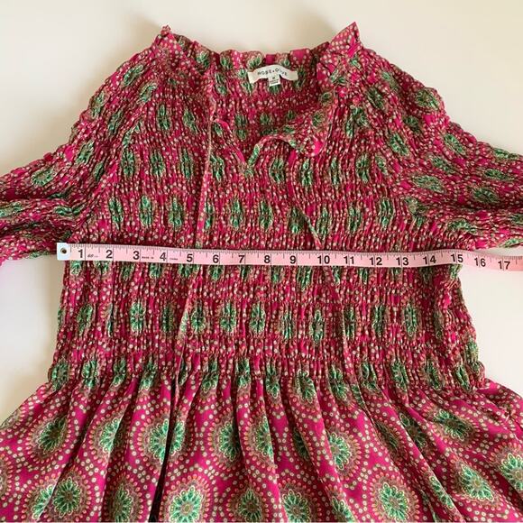 Rose + Olive Pink and Green Boho Smocked Long Sleeve Blouse Medium - Picture 3 of 9